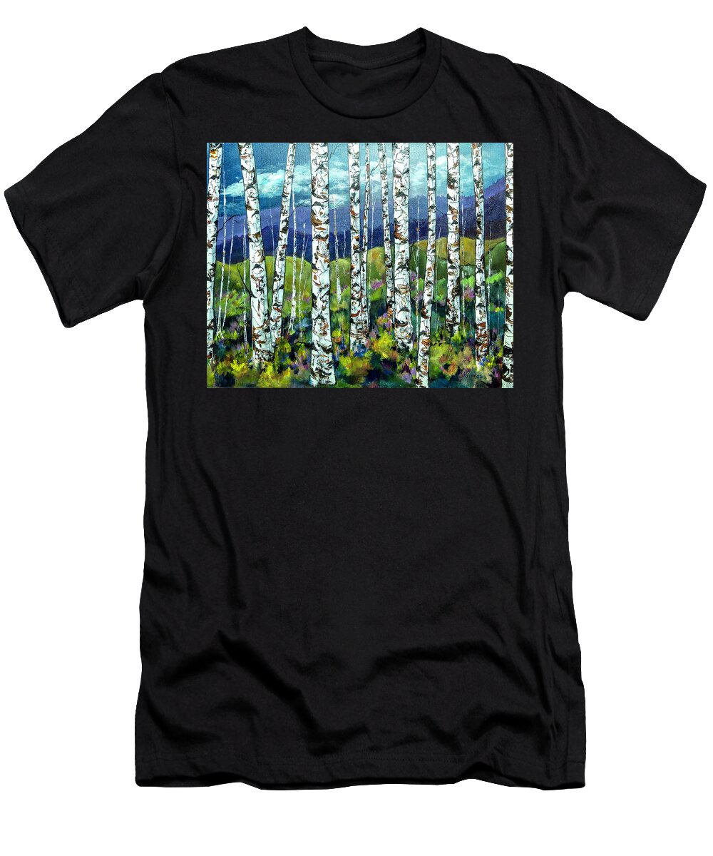 Trees T-Shirt featuring the painting Beyond the Birch by Wendy Provins
