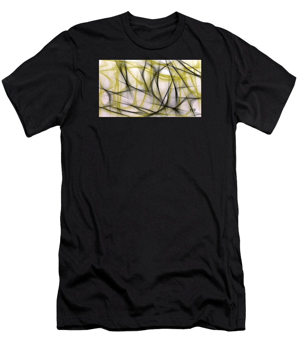 Black T-Shirt featuring the mixed media Black and Green Abstract by Marian Lonzetta