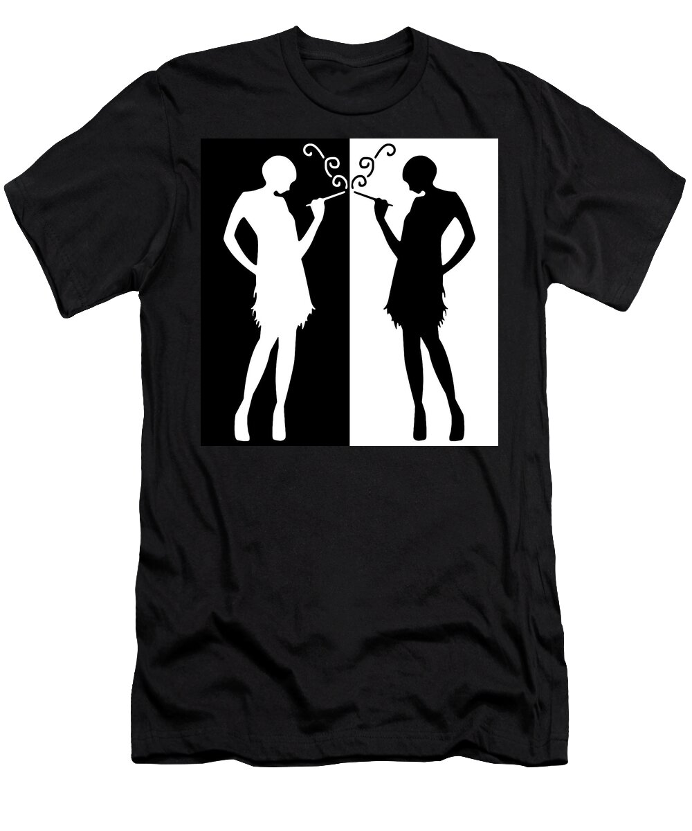 Black And White T-Shirt featuring the digital art Black and White Flappers by Chuck Staley