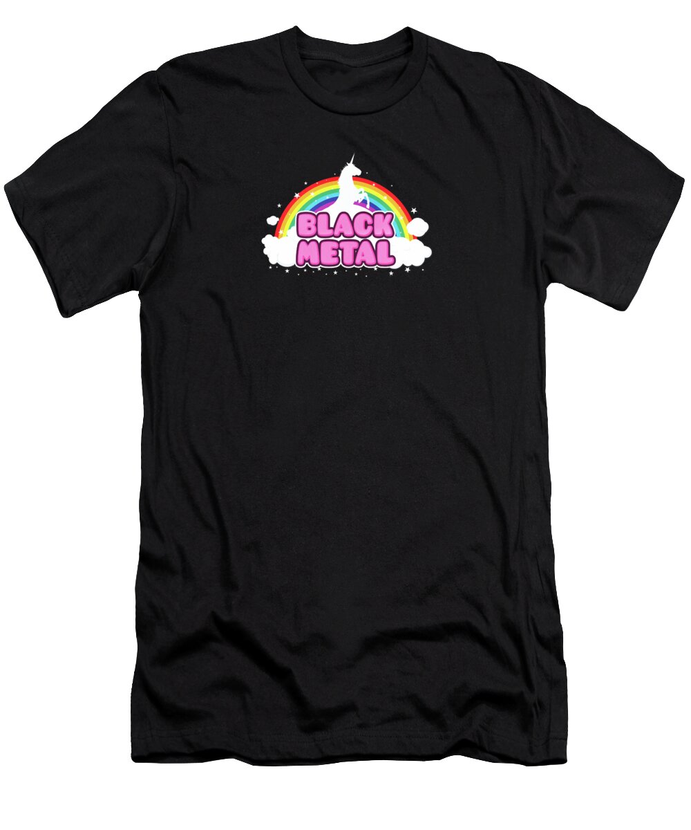 Music T-Shirt featuring the digital art BLACK METAL Funny Unicorn / Rainbow Mosh Parody Design by Philipp Rietz
