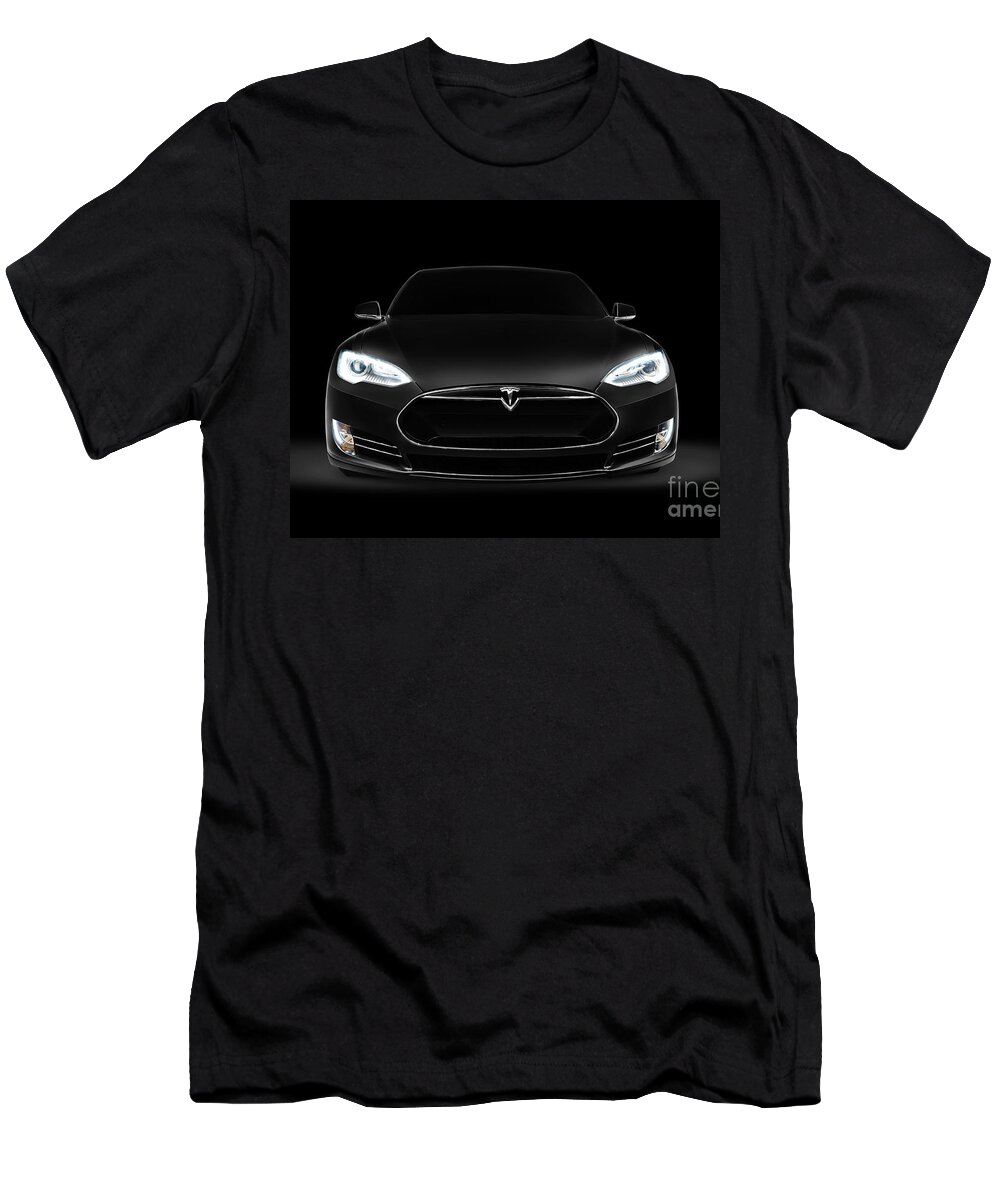 Tesla T-Shirt featuring the photograph Black Tesla Model S luxury electric car front view by Maxim Images Exquisite Prints