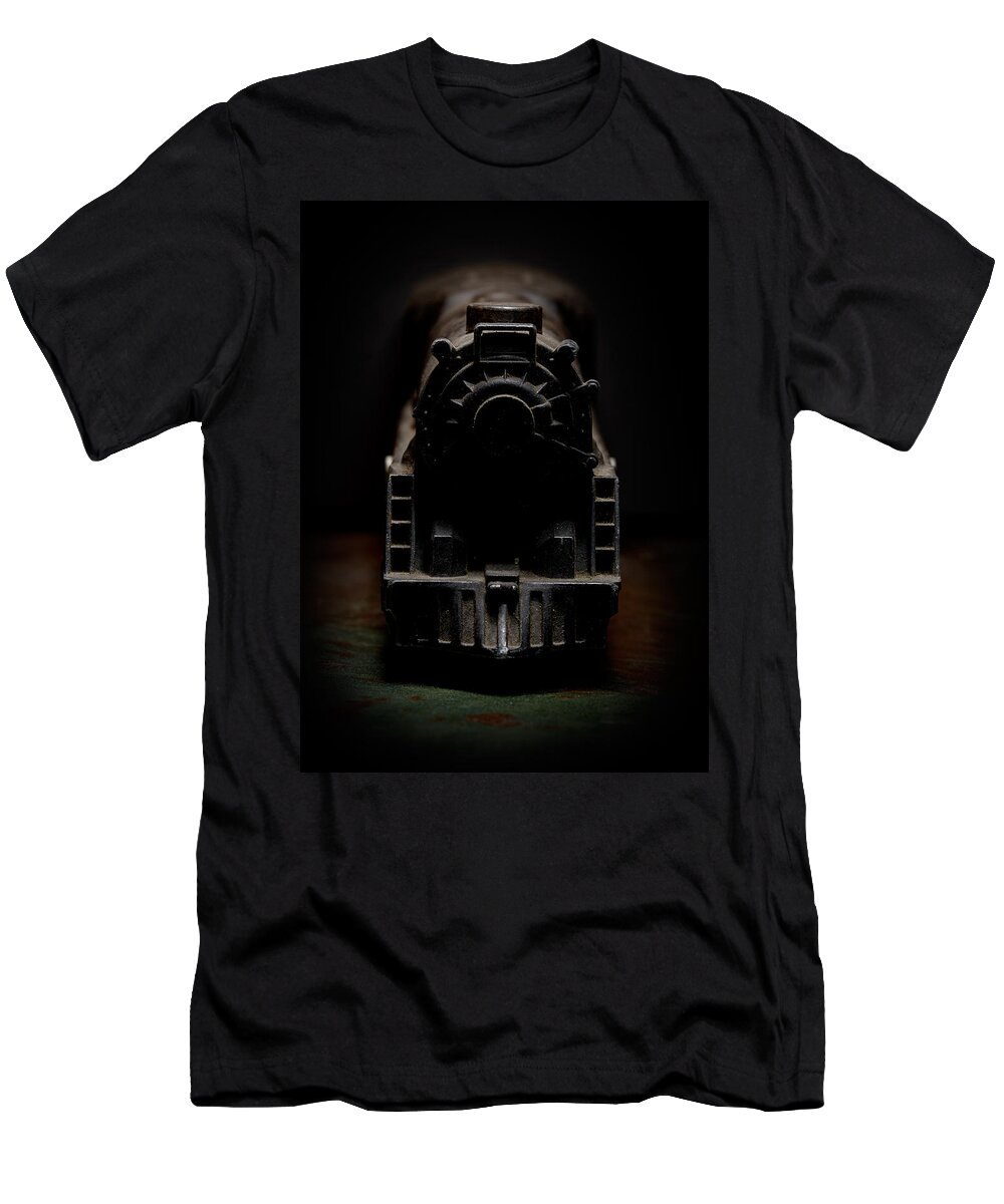 Old Train T-Shirt featuring the photograph Black Toy Train Engine by Art Whitton
