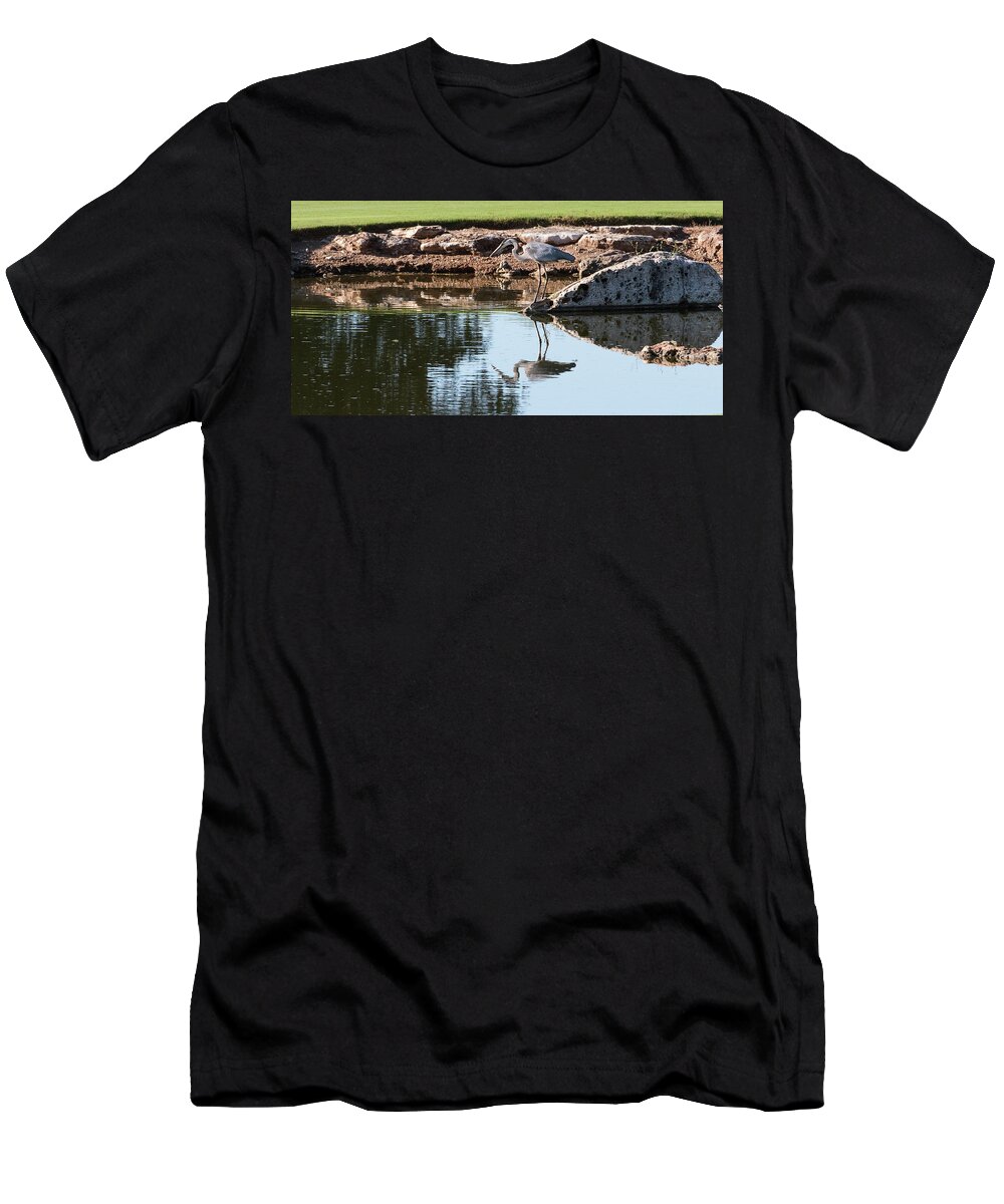 18th Hole T-Shirt featuring the photograph Blue Heron reflection by John Johnson