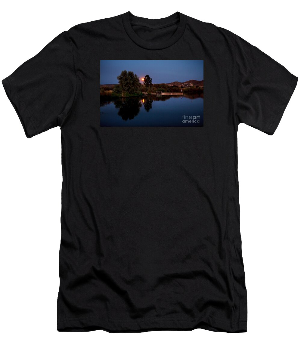 Universe T-Shirt featuring the photograph Blue Moon And Fisherman Reflections by Robert Bales