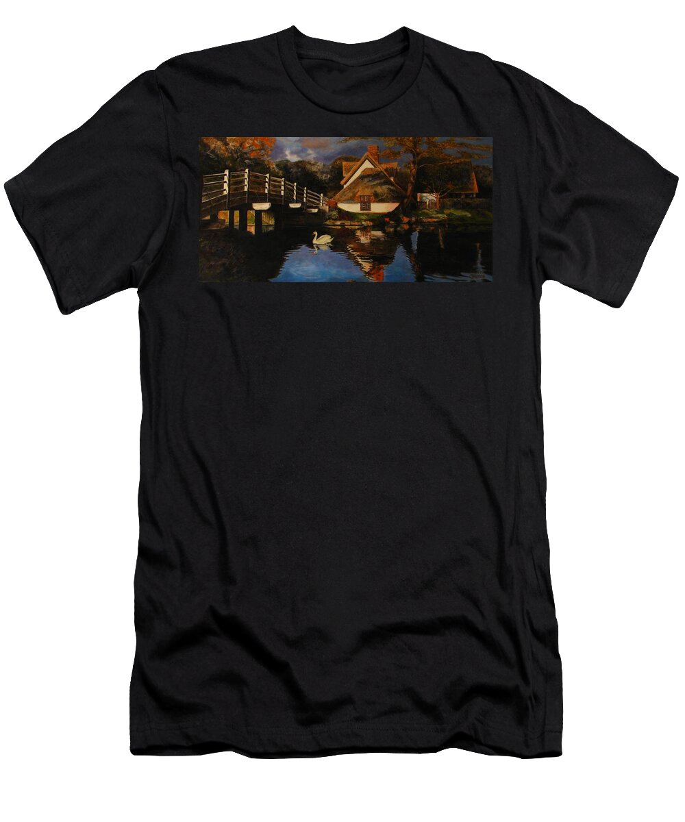 Cottage T-Shirt featuring the painting Bridge Cottage by Keith Gantos