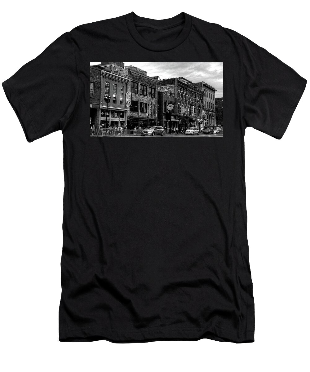Broadway Street Nashville Tennessee T-Shirt featuring the photograph Broadway Street Nashville Tennessee In Black And White by Carol Montoya