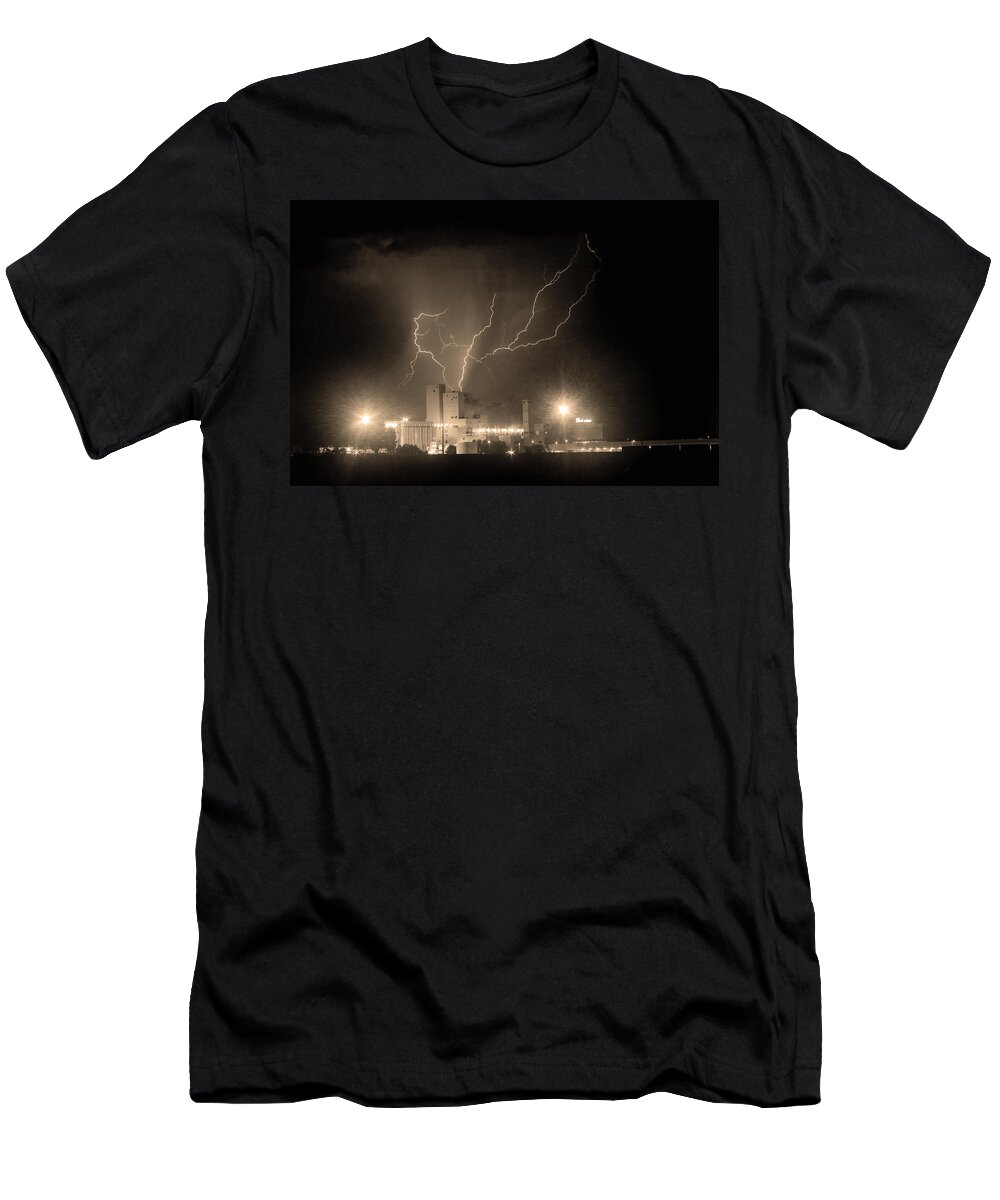 Anheuser-busch T-Shirt featuring the photograph Budweiser Powered by Lightning Sepia by James BO Insogna