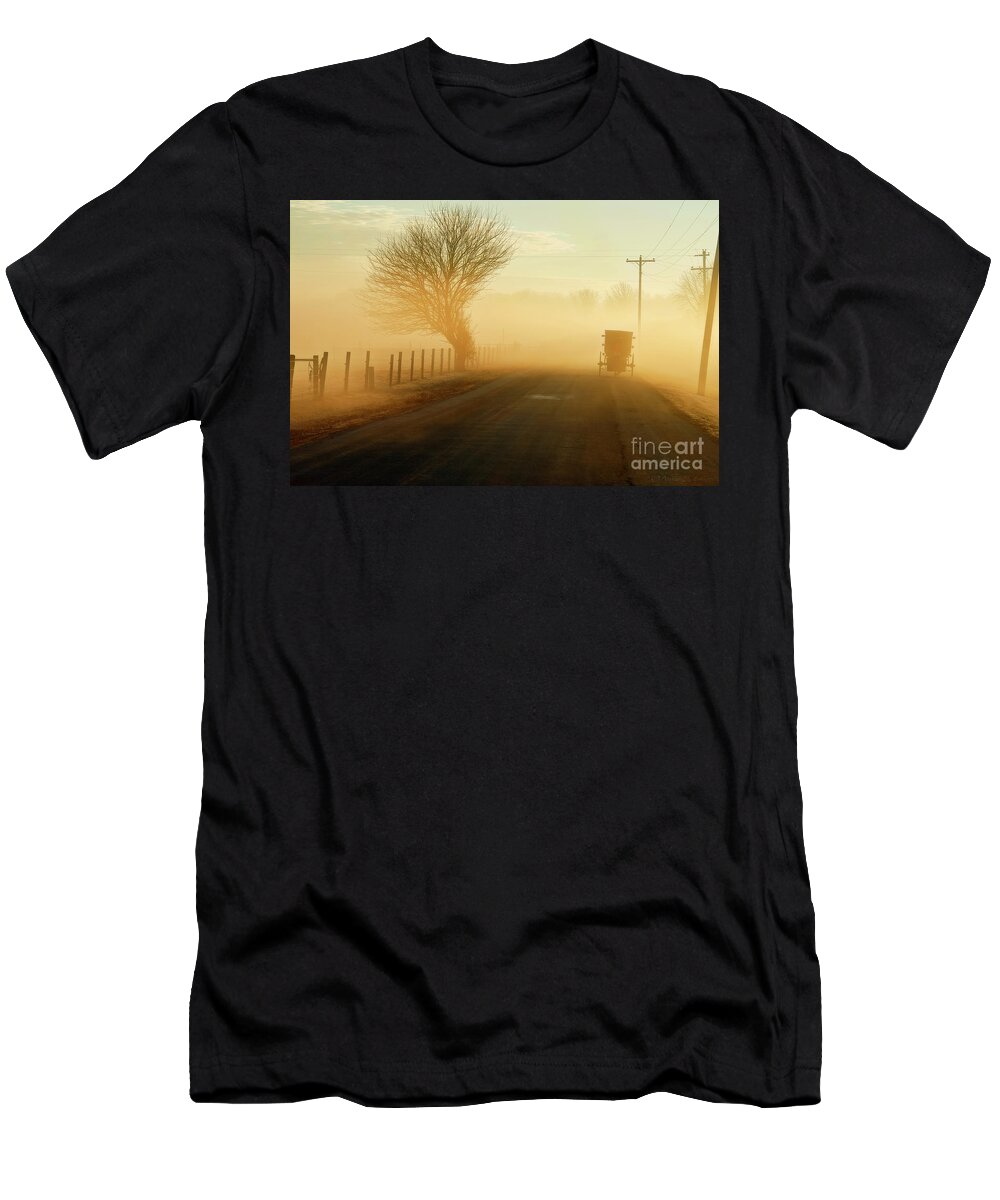 Amish Buggy T-Shirt featuring the photograph Buggy Passes Tree on Foggy Morning by David Arment