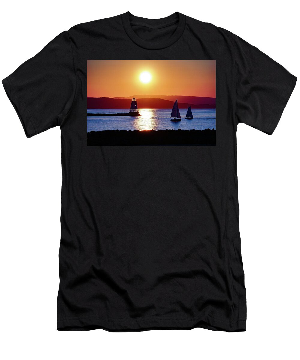 Lighthouse T-Shirt featuring the photograph Burlington Breakwater Sunset by Mark Rogers