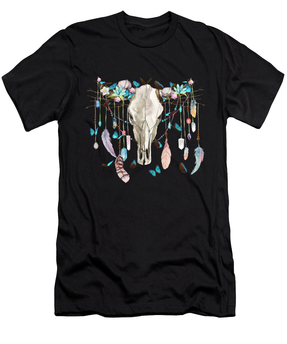 Skull T-Shirt featuring the painting Butterfly Cow Skull Spirit Gazer by Little Bunny Sunshine