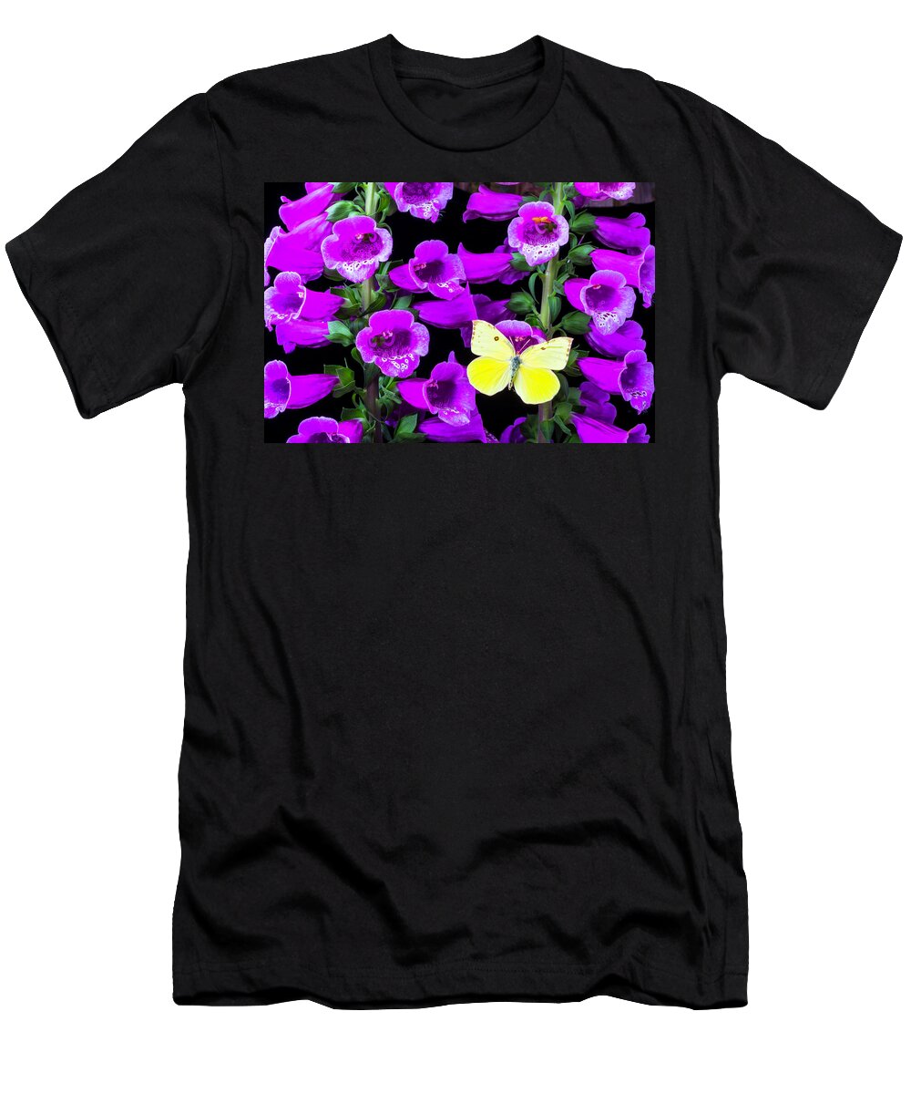 Purple Foxglove T-Shirt featuring the photograph Butterfly On Foxglove by Garry Gay