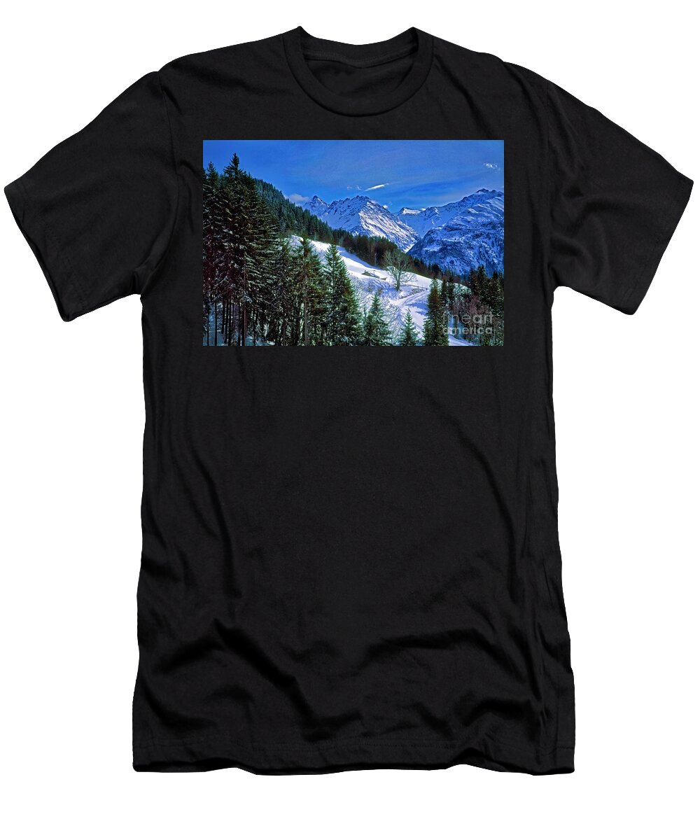 Cabin T-Shirt featuring the photograph Cabin in the Alps Switzerland, ski by Tom Jelen