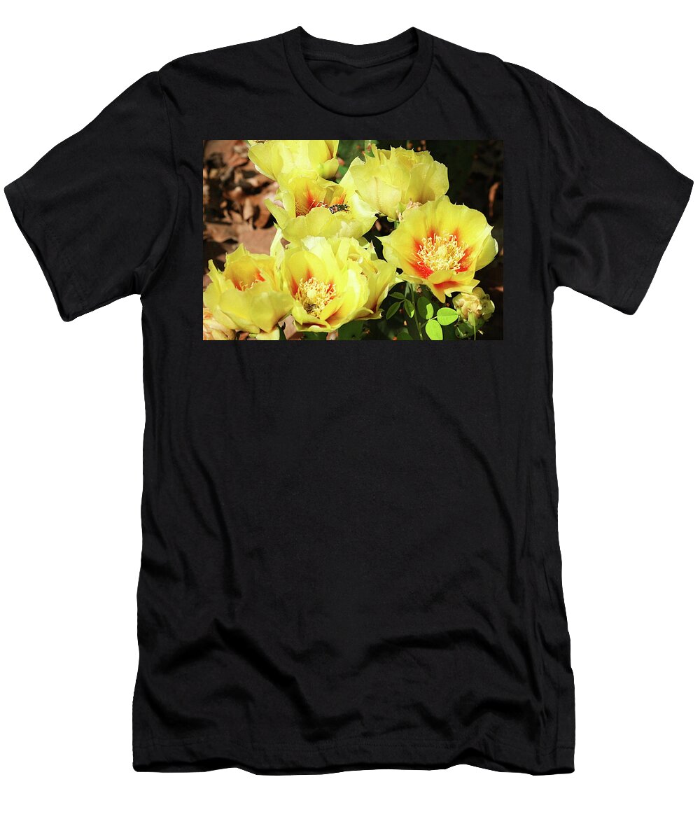 Nature T-Shirt featuring the photograph Cactus Flowers and Friend by Sheila Brown