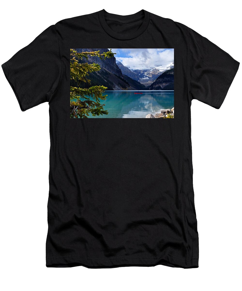 Lake Louise T-Shirt featuring the photograph Canoe on Lake Louise by Larry Ricker