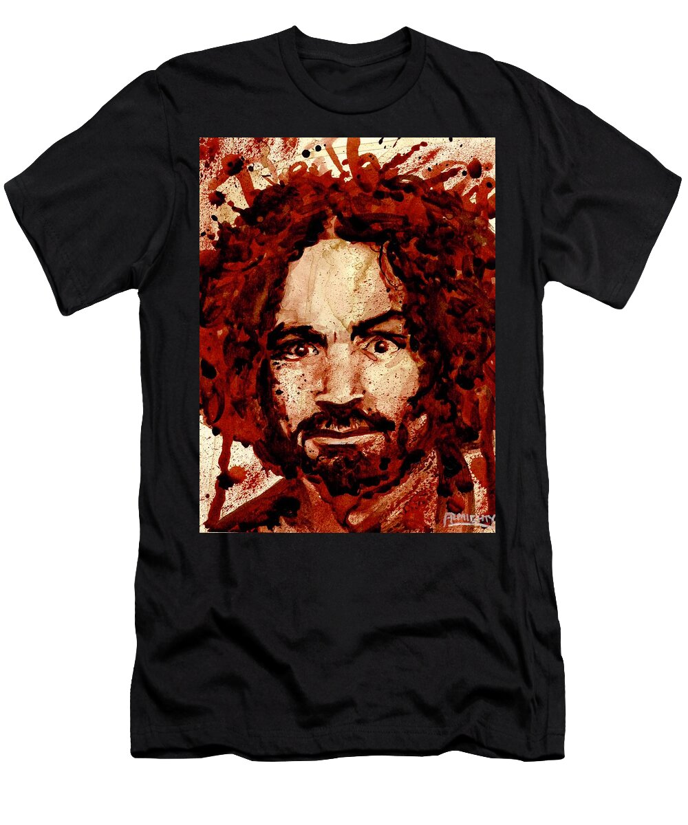 Ryan Almighty T-Shirt featuring the painting CHARLES MANSON portrait dry blood by Ryan Almighty