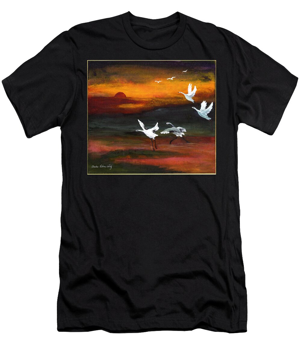 Cranes T-Shirt featuring the painting Chasing the Sun by Charlene Fuhrman-Schulz