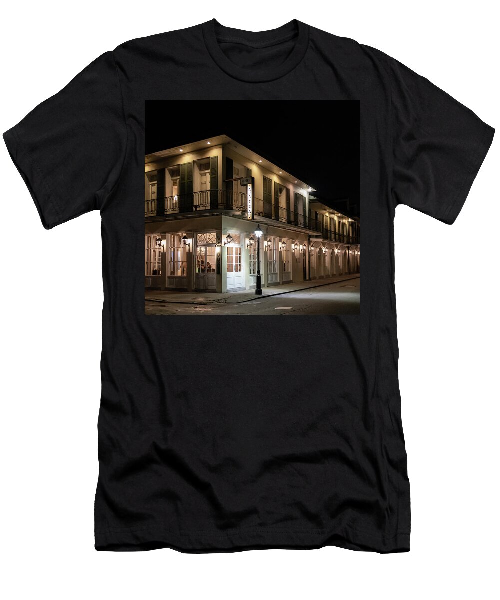Chartres Street T-Shirt featuring the photograph Chateau Hotel At Night by Greg and Chrystal Mimbs