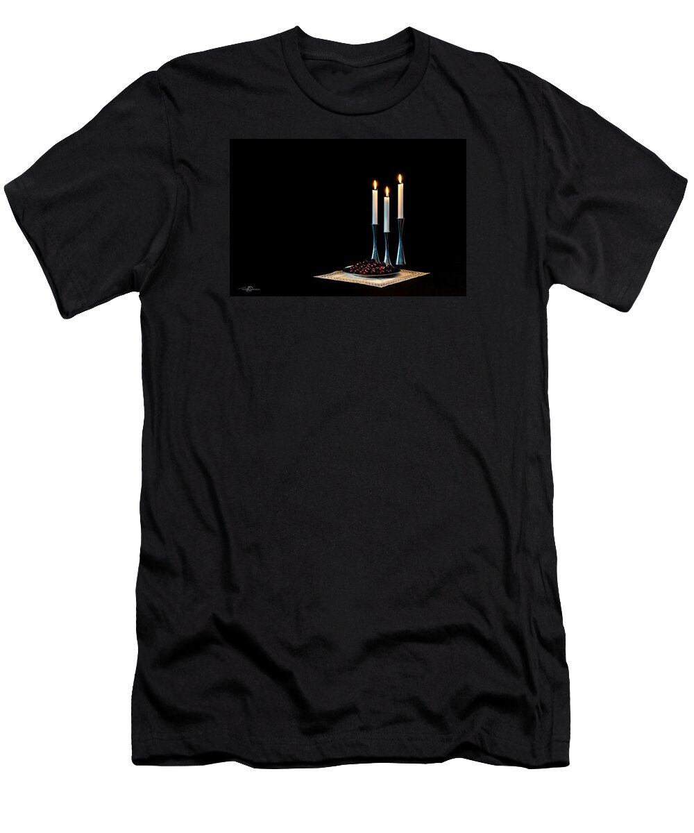 Cherries And Candles In Steel T-Shirt featuring the photograph Cherries and candles in steel by Torbjorn Swenelius