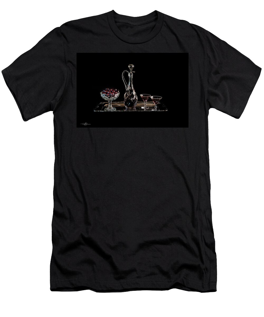 Cherries T-Shirt featuring the photograph Cherries in an old fashion way in black - a still life by Torbjorn Swenelius