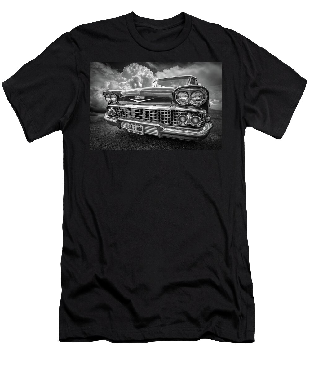 '58 T-Shirt featuring the photograph Chevrolet Biscayne 1958 in Black and White by Debra and Dave Vanderlaan