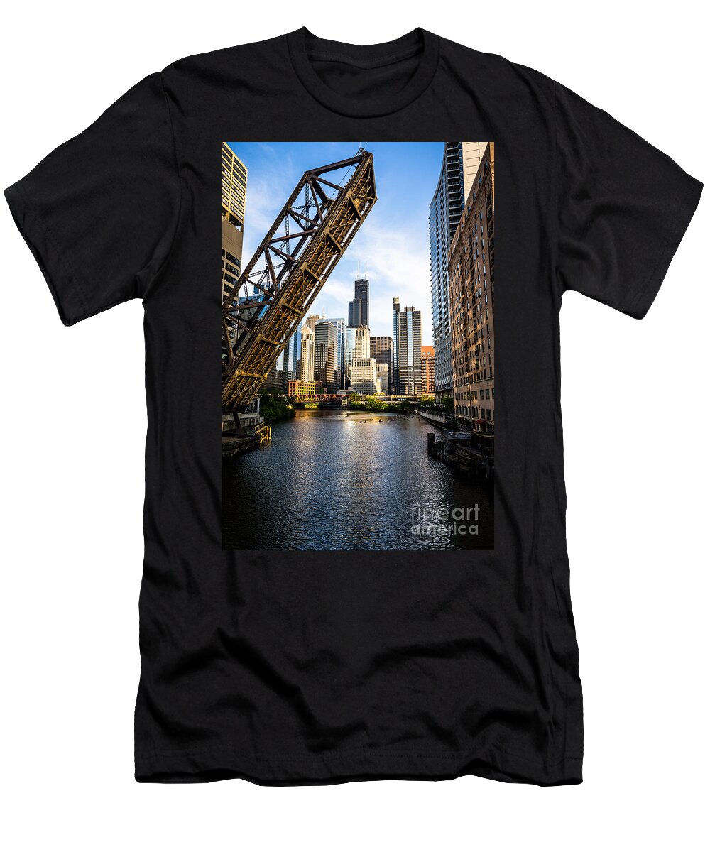 America T-Shirt featuring the photograph Chicago Downtown and Kinzie Street Railroad Bridge by Paul Velgos