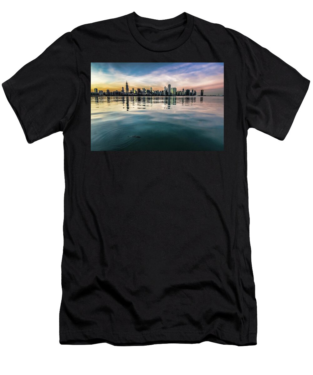 Chicago Skyline T-Shirt featuring the photograph Chicago Skyline and fish at dusk by Sven Brogren