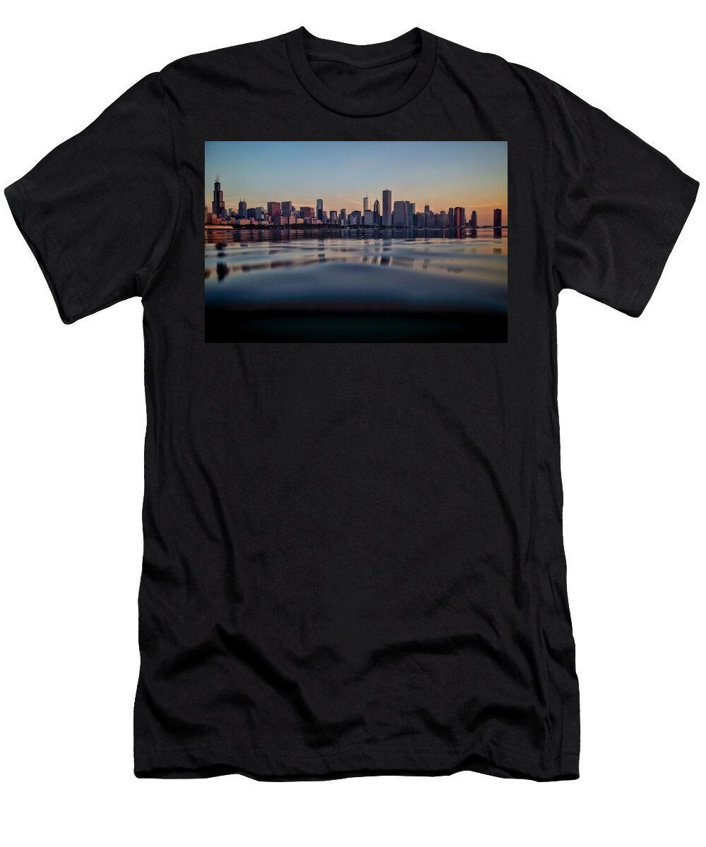 Chicago Skyline T-Shirt featuring the photograph Chicago skyline from half underwater by Sven Brogren