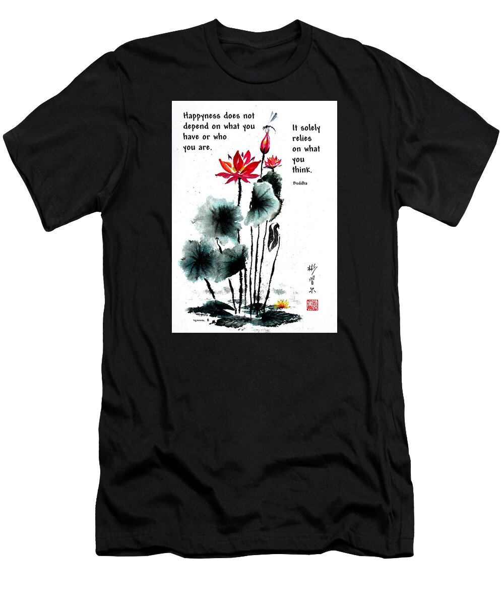 Chinese Brush Painting T-Shirt featuring the painting China Garden with Buddha Quote by Bill Searle