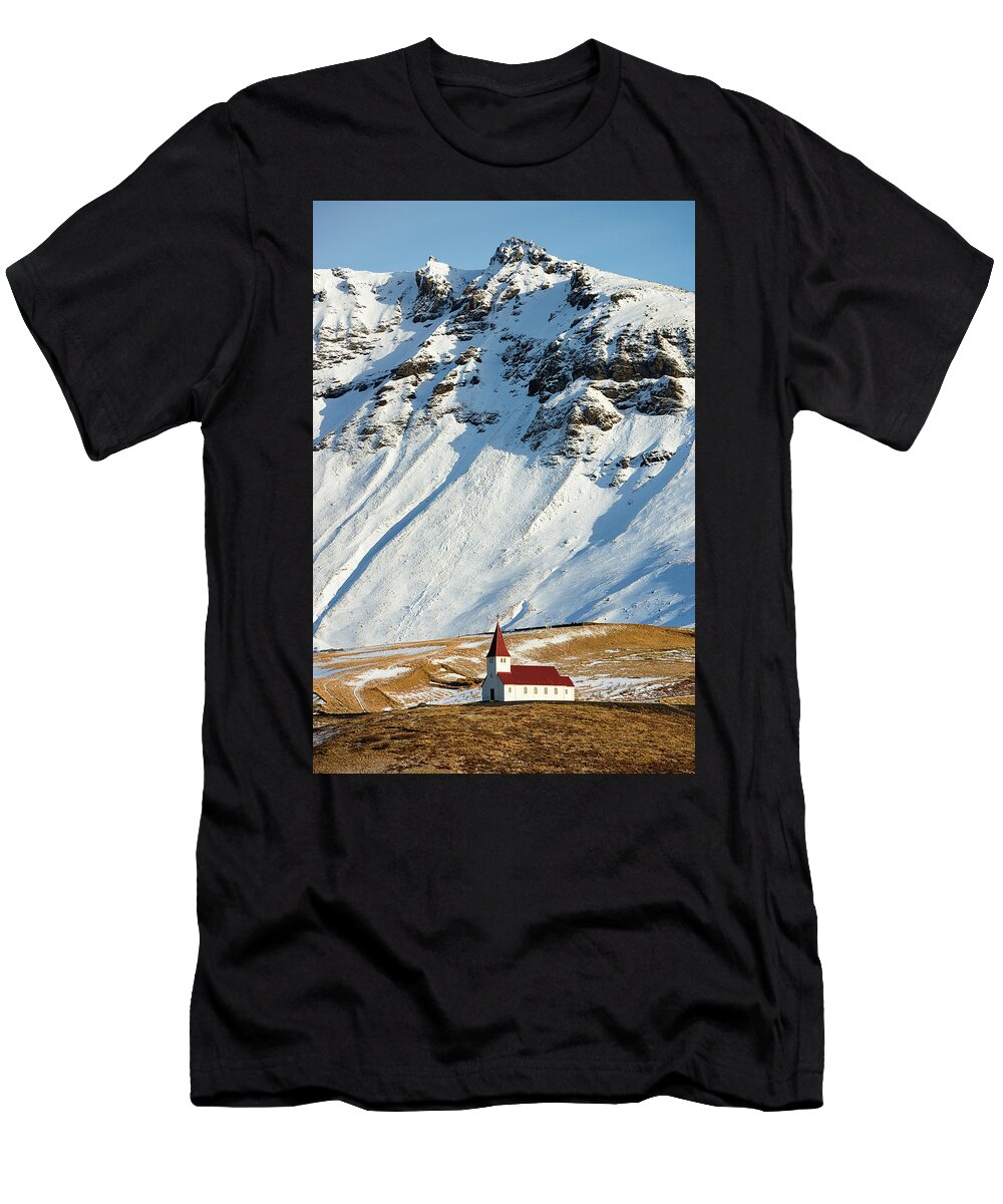 Church T-Shirt featuring the photograph Church and mountains in winter Vik Iceland by Matthias Hauser