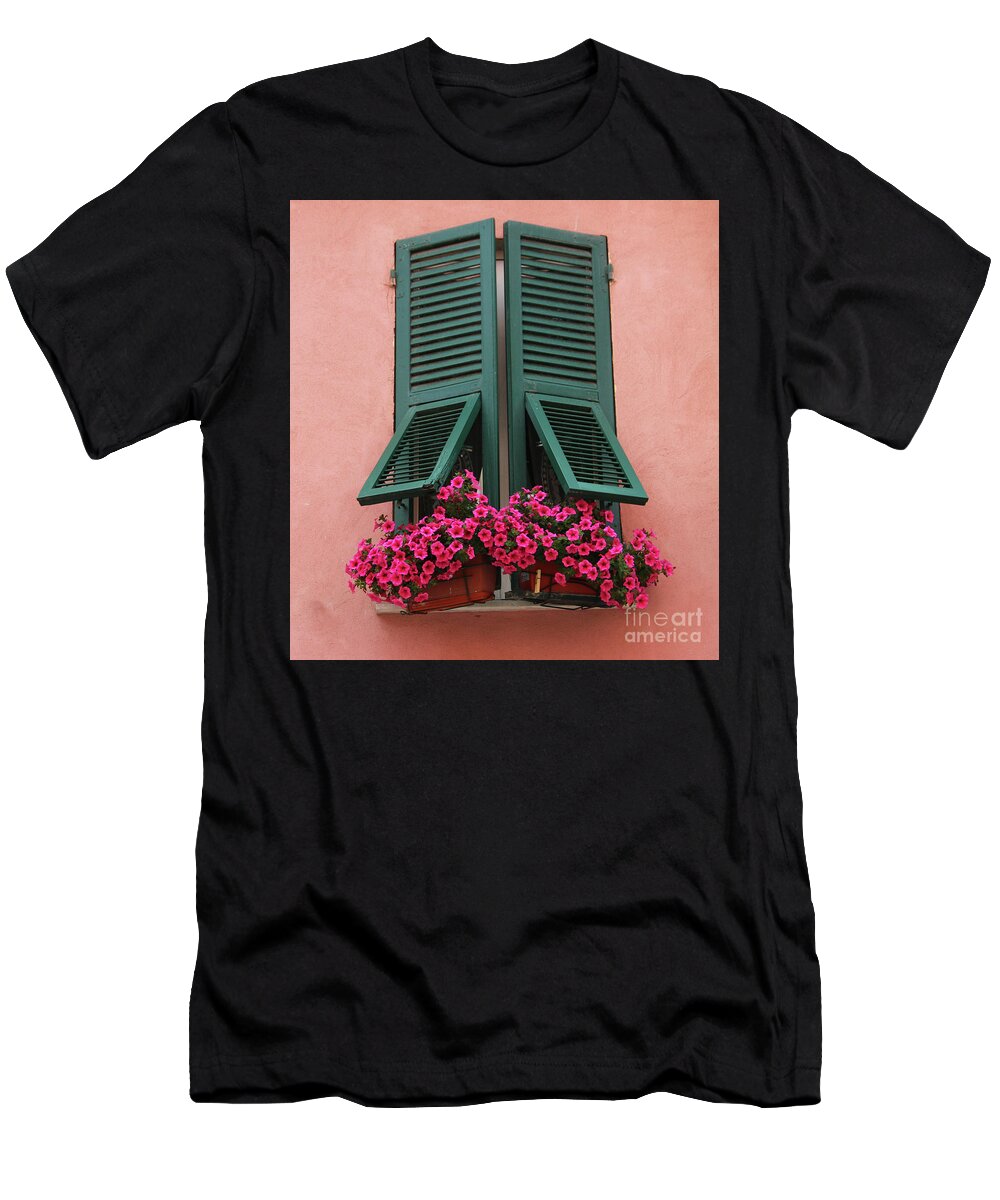 Cinque Terre T-Shirt featuring the photograph Cinque Terre Window Flowers 0729 by Jack Schultz
