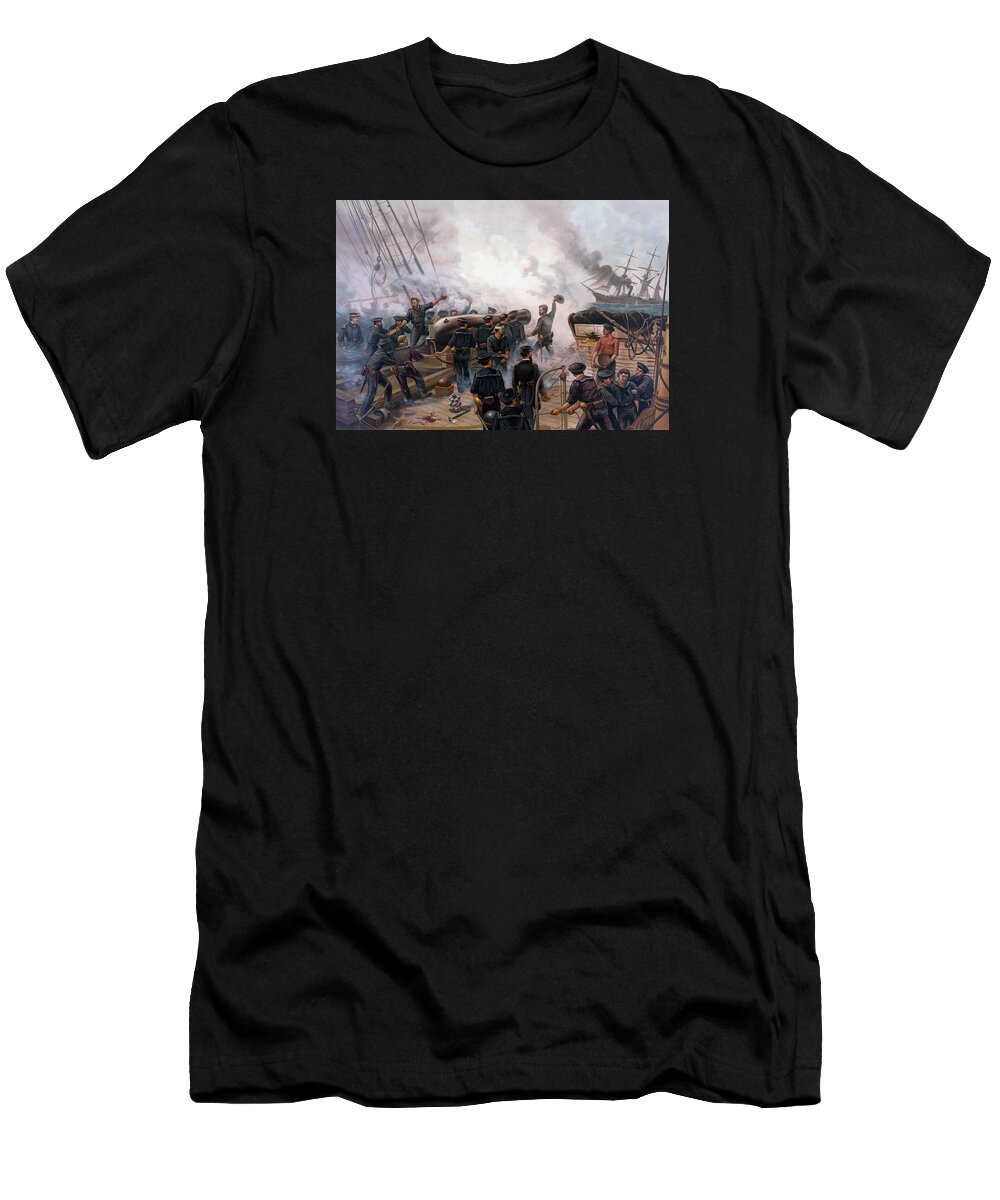 Civil War T-Shirt featuring the painting Civil War Naval Battle - Kearsarge And Alabama by War Is Hell Store