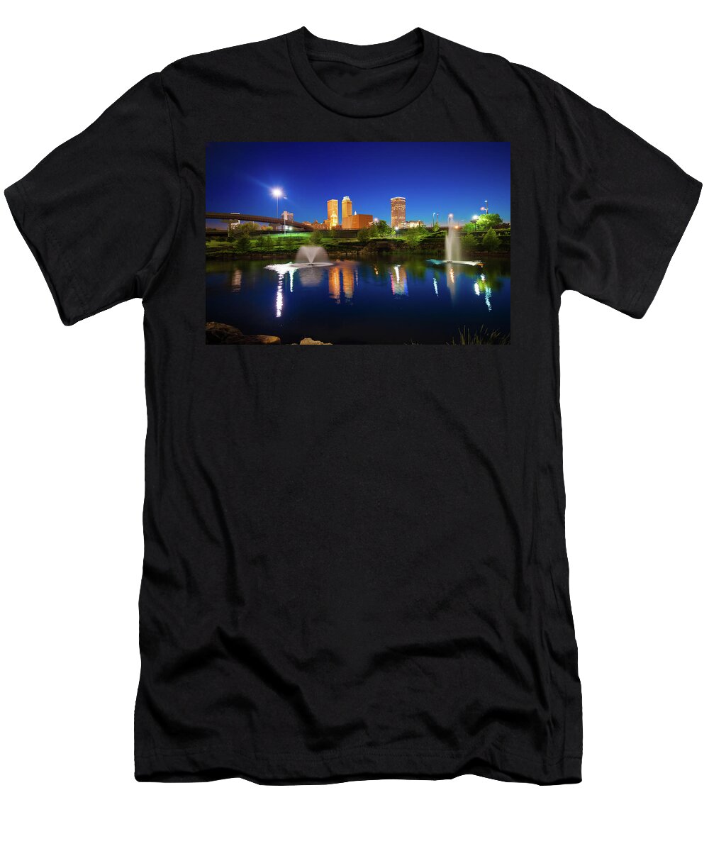 America T-Shirt featuring the photograph Colors of Night Tulsa Oklahoma Downtown City Skyline by Gregory Ballos