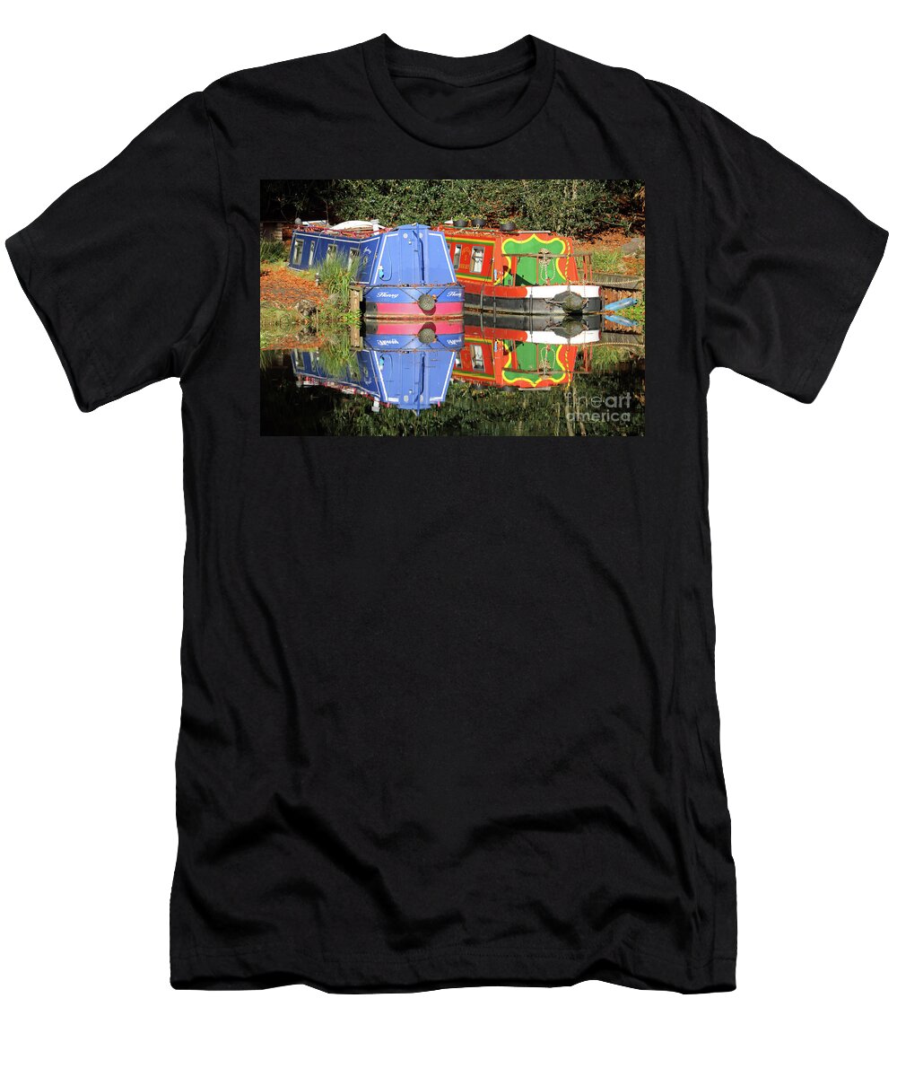 Colourful Canal Boats Barge Wey Canal Surrey Reflections T-Shirt featuring the photograph Colourful Canal Boats by Julia Gavin