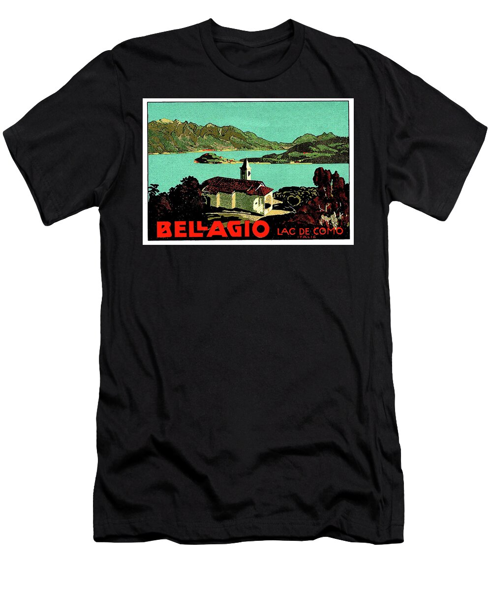 Como Lake T-Shirt featuring the painting Como lake, Italy, vintage travel poster by Long Shot