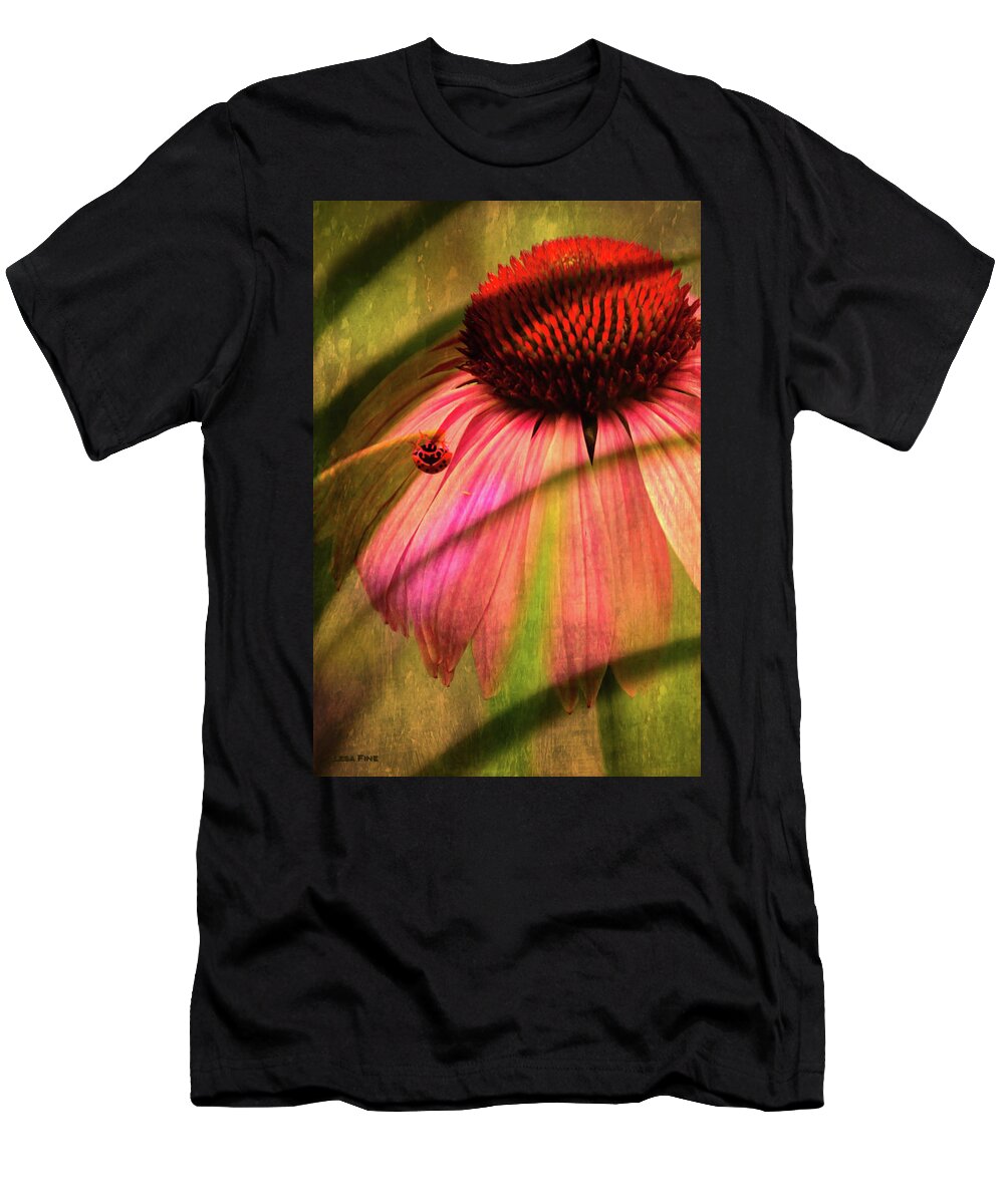 Purple T-Shirt featuring the photograph Cone Flower and The Ladybug by Lesa Fine