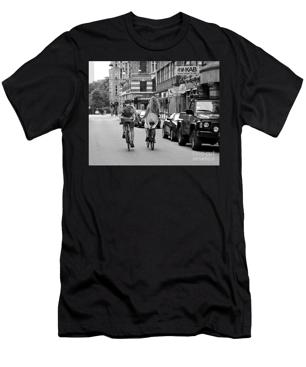 Lovers T-Shirt featuring the photograph Copenhagen Lovers on Bicycles BW by Catherine Sherman