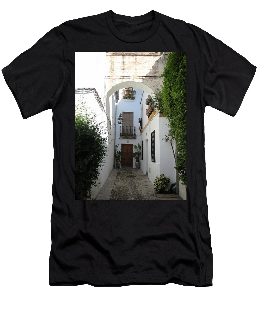 Cordoba T-Shirt featuring the photograph Cordoba Walkway with Cobble Stone Archway Spain by John Shiron
