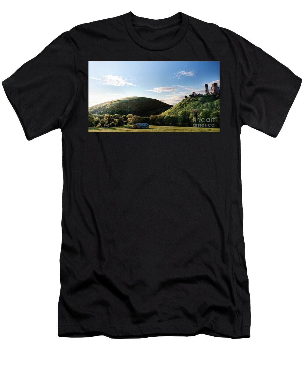 Corfe Castle T-Shirt featuring the photograph Corfe Castle morning panoramic by Simon Bratt