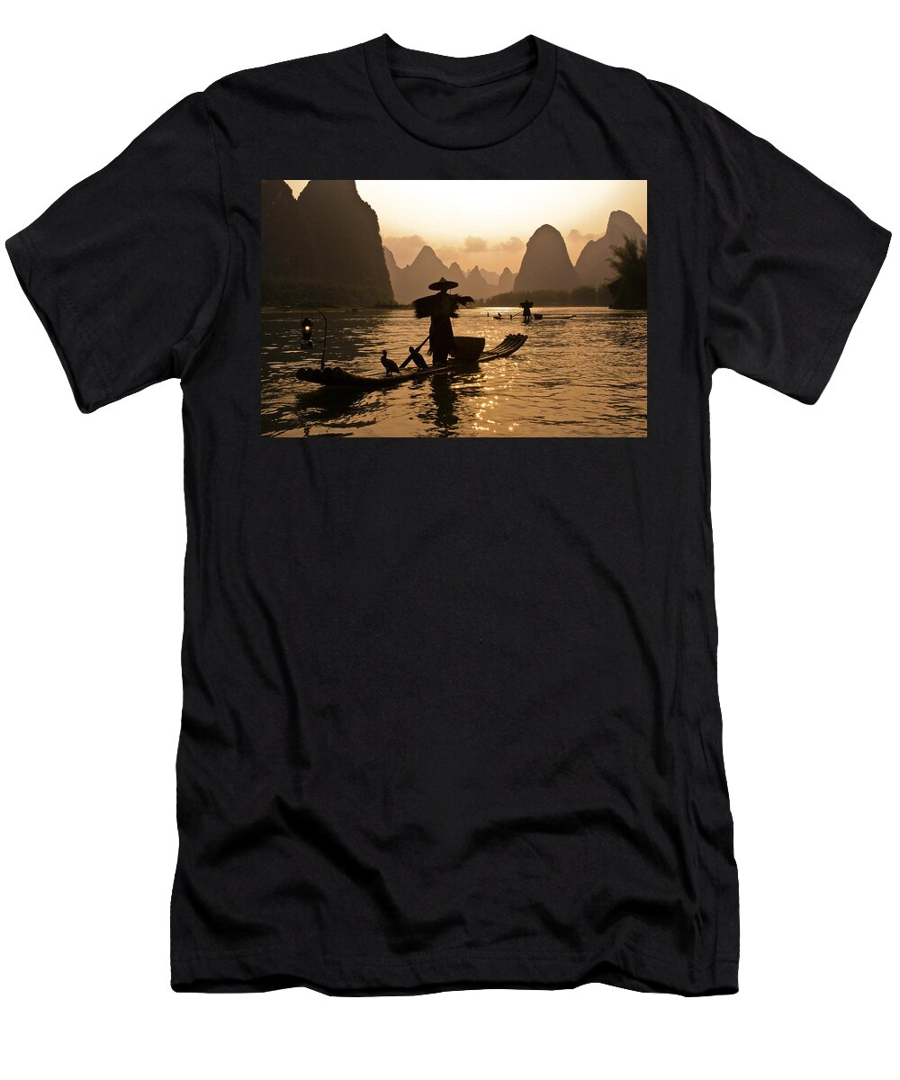 Asia T-Shirt featuring the photograph Cormorant Fisherman at Sunset by Michele Burgess