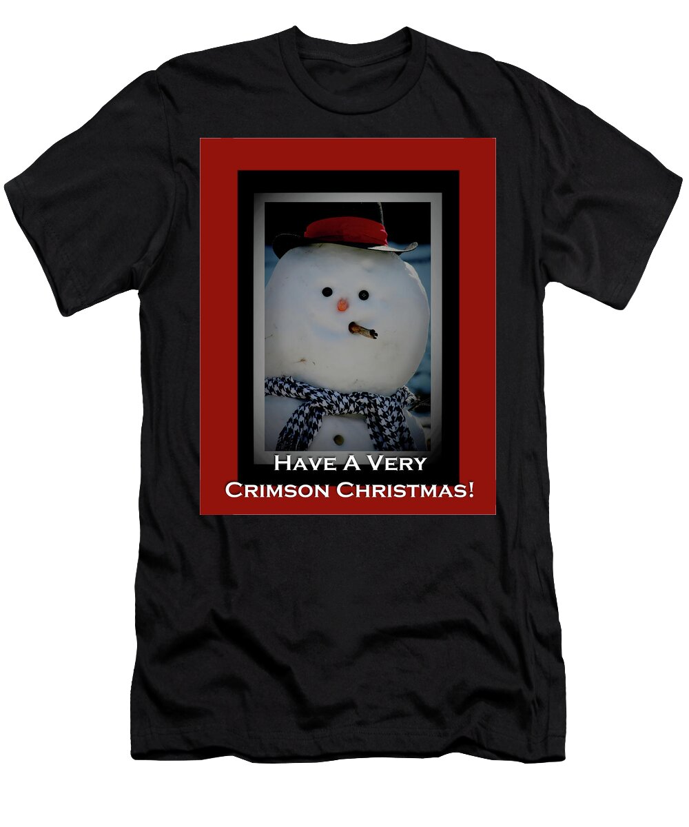 Snowman T-Shirt featuring the mixed media Crimson Christmas Snowman by Lesa Fine