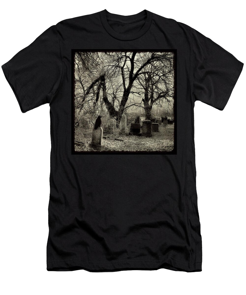 Crow T-Shirt featuring the photograph Crow Waits On Tombstone by Gothicrow Images