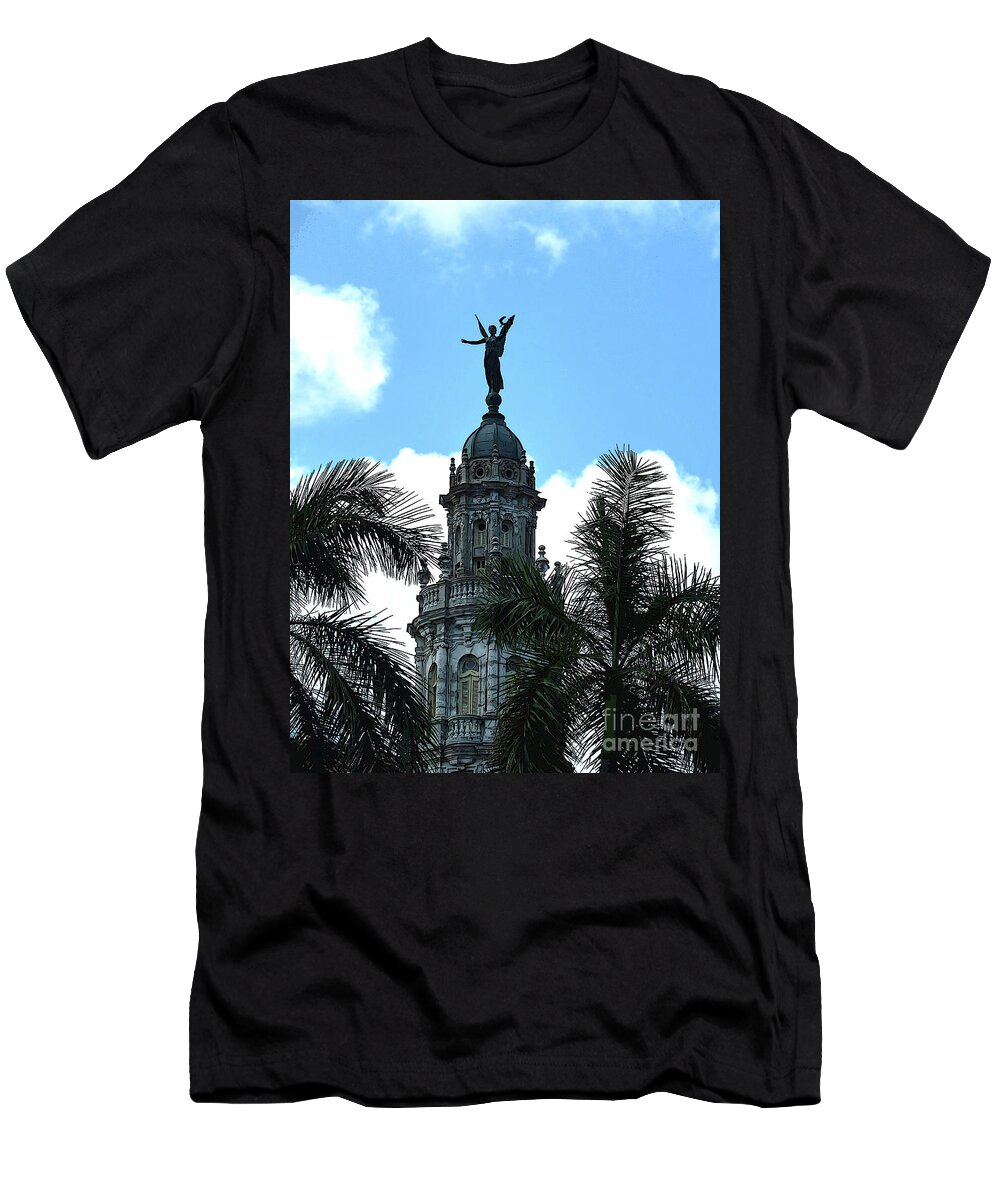Digital Art T-Shirt featuring the digital art Cuba rooftop w protection statue by Francesca Mackenney