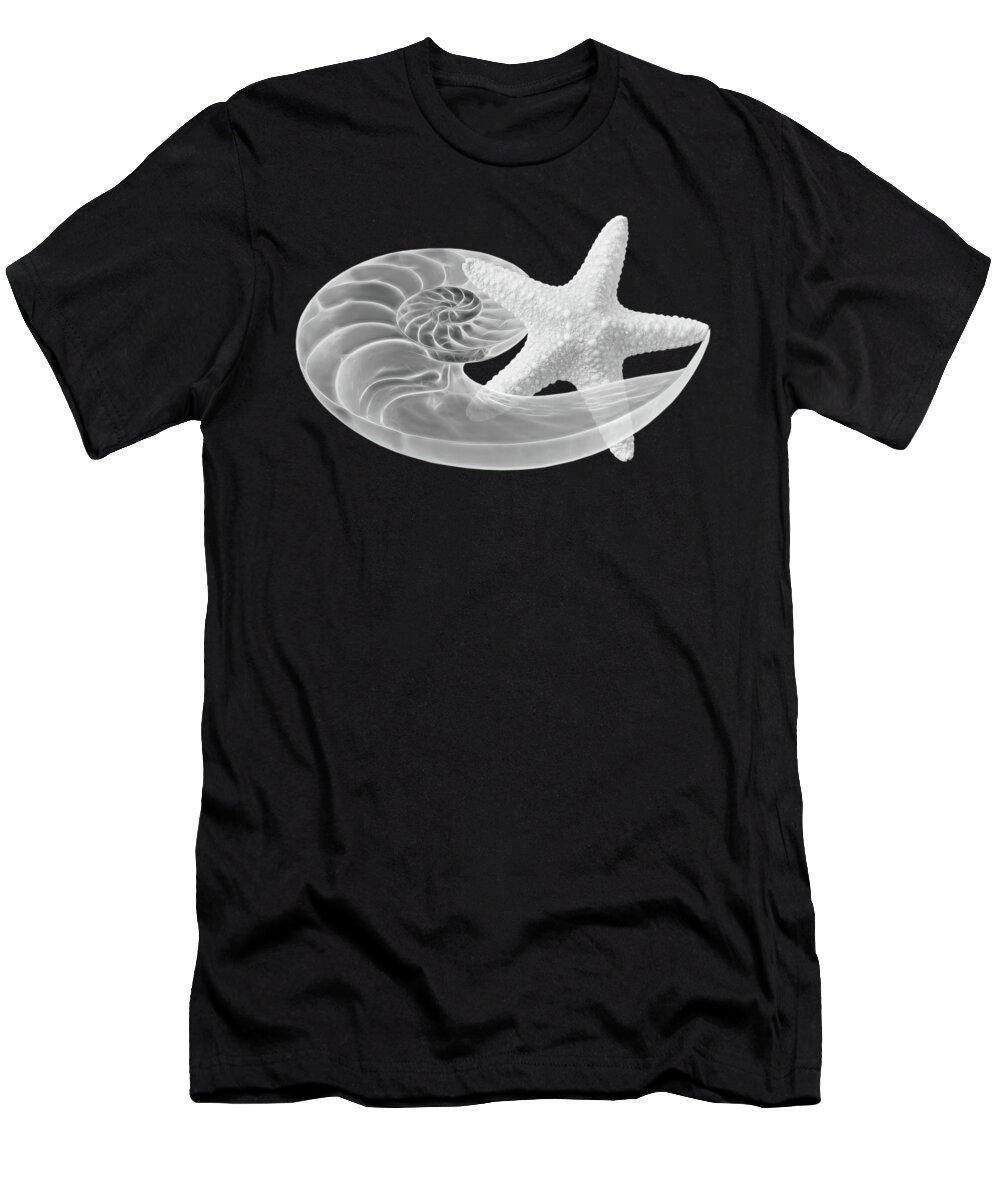 Black And White Seashell T-Shirt featuring the photograph Dance With Me - Nautilus with Starfish in Black and White by Gill Billington