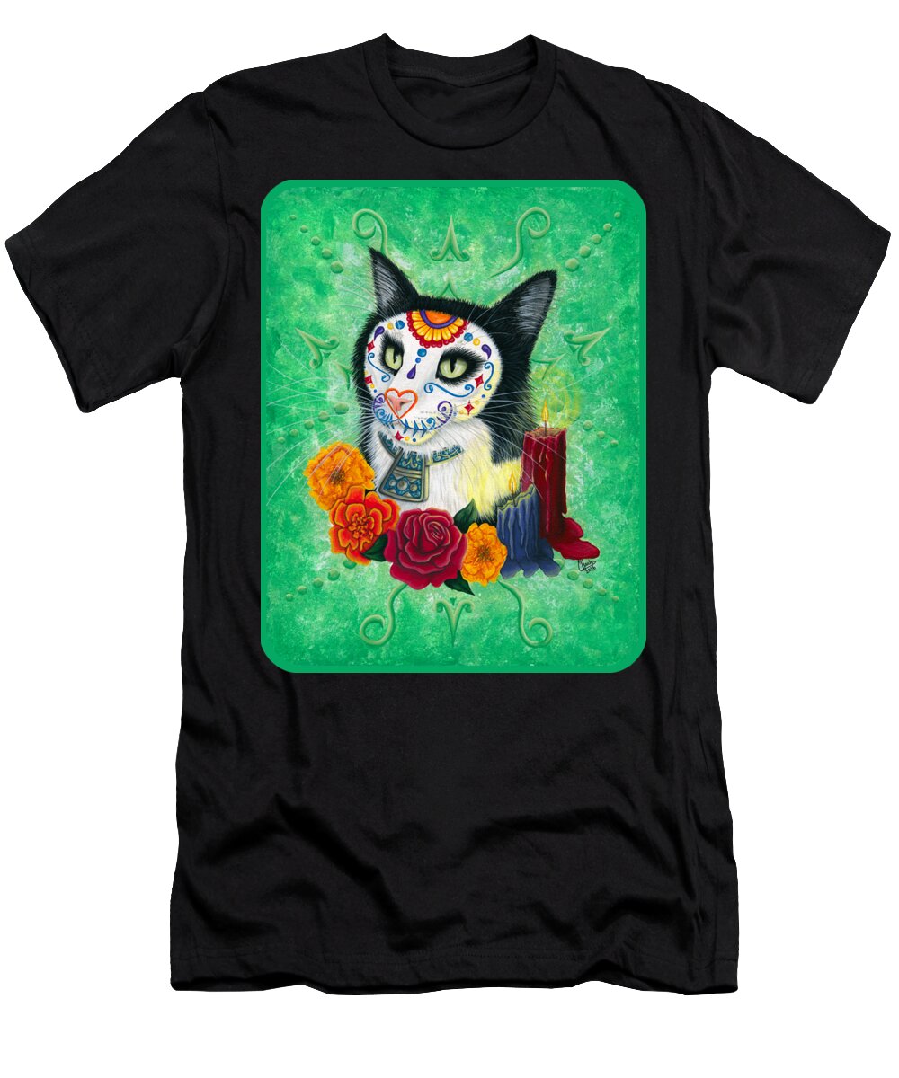 Dia De Los Muertos Gato T-Shirt featuring the painting Day of the Dead Cat Candles - Sugar Skull Cat by Carrie Hawks