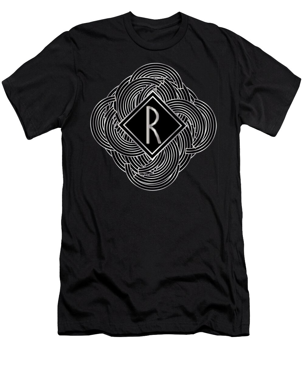 Monogram T-Shirt featuring the digital art Deco Jazz Swing Monogram ...letter R by Cecely Bloom