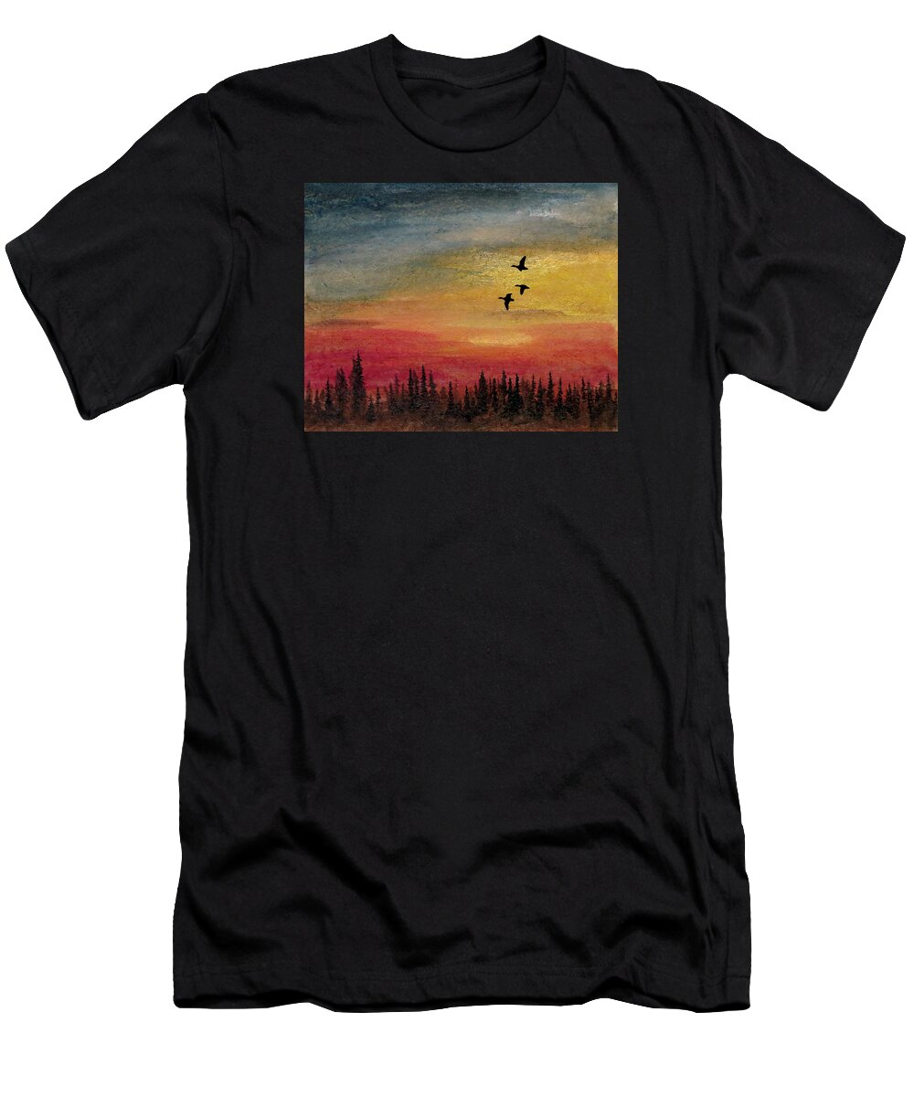 Deep Illuminated Night Waterfowl Stopover Rugged Northern Migratory Migration Wildlife Vast Spaces Outdoors Outdoor Kyllo Hunting Hunt Giant Canada Canadian Honker Goose Geese Artwork Art Forest Cold Pine Fir Spruce Silhouette Painting Flyway Wilderness Wild Sunset Sundown Skyscape Sky Scenic Scene Migrating Luminous Luminism Late Landscape Beautiful Flight Glide Birds T-Shirt featuring the painting Deep Forest by R Kyllo