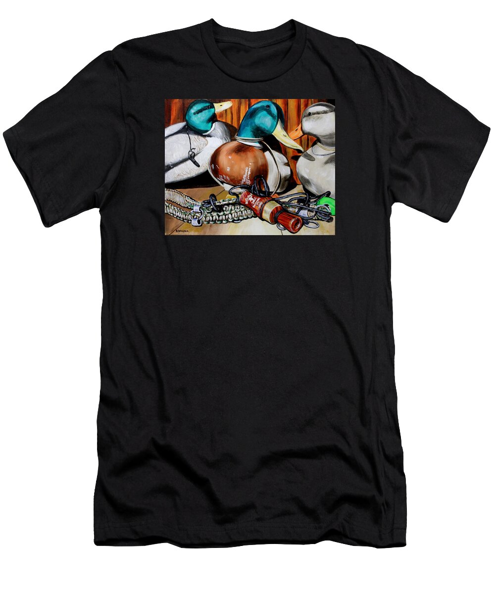 Duck Calls T-Shirt featuring the painting Duck Decoys and Call Still Life by Karl Wagner
