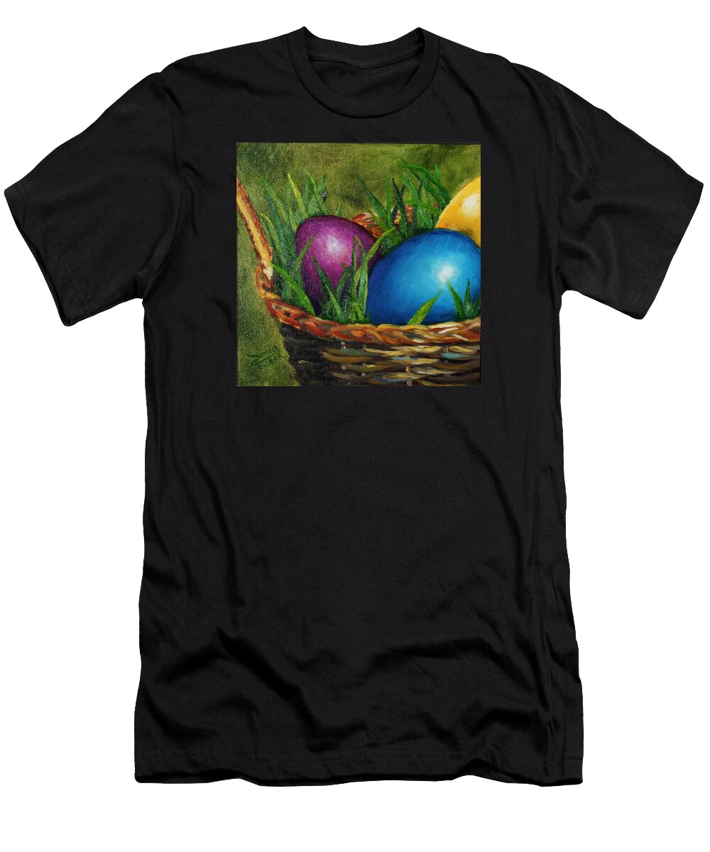 Basket T-Shirt featuring the painting Easter Basket of Eggs by Donna Tucker