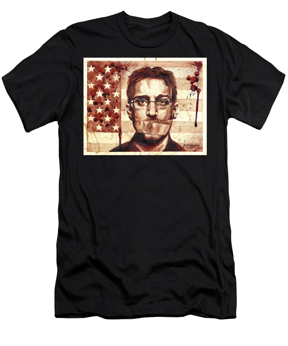 Ryan Almighty T-Shirt featuring the painting EDWARD SNOWDEN portrait dry blood by Ryan Almighty