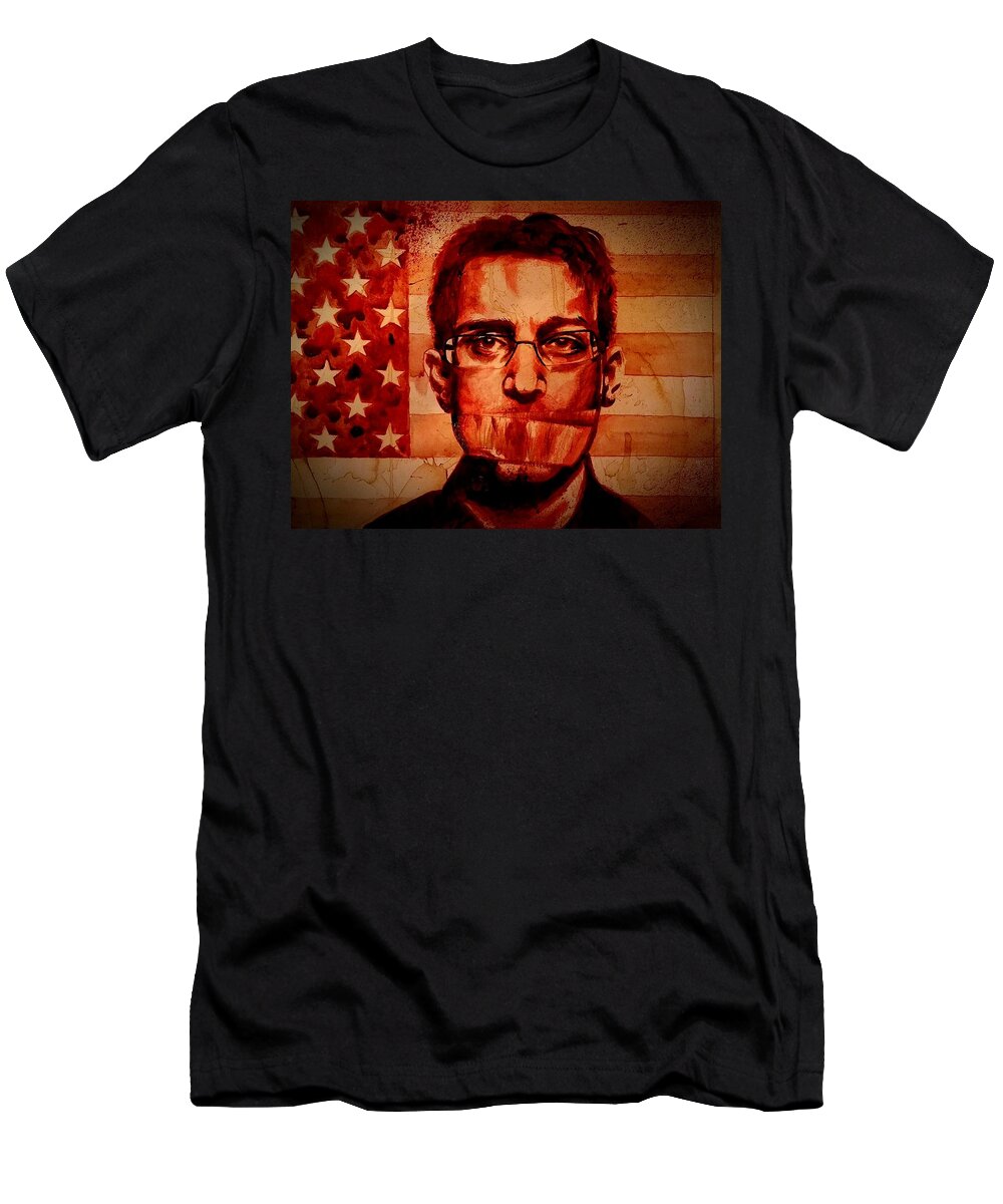 Ryan Almighty T-Shirt featuring the painting EDWARD SNOWDEN portrait fresh blood by Ryan Almighty